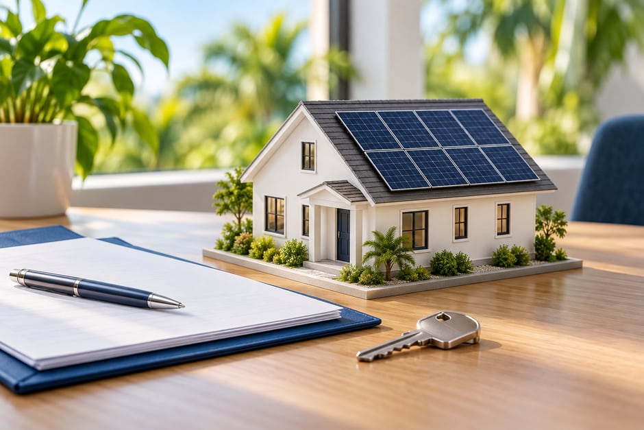 Maqueta de una casa blanca con paneles solares junto a una carpeta azul, un bolígrafo y una llave plateada sobre un escritorio de madera iluminado por el sol