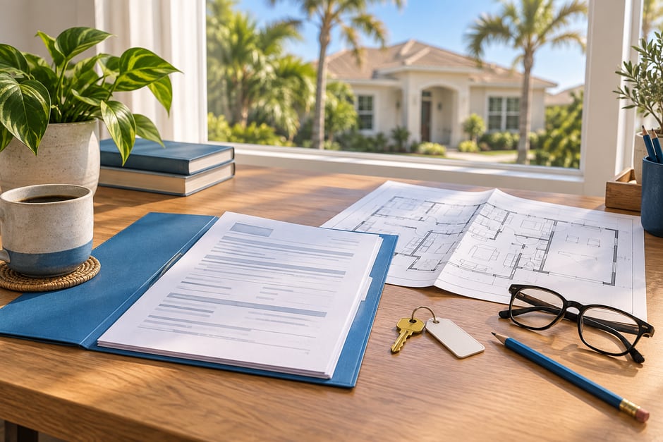 Permit-style paperwork in a blue folder beside a floor plan, house key, glasses, and pencil on a sunlit desk
