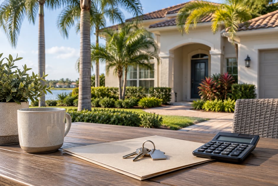 House keys and a calculator on a table outside a Florida home with palm trees