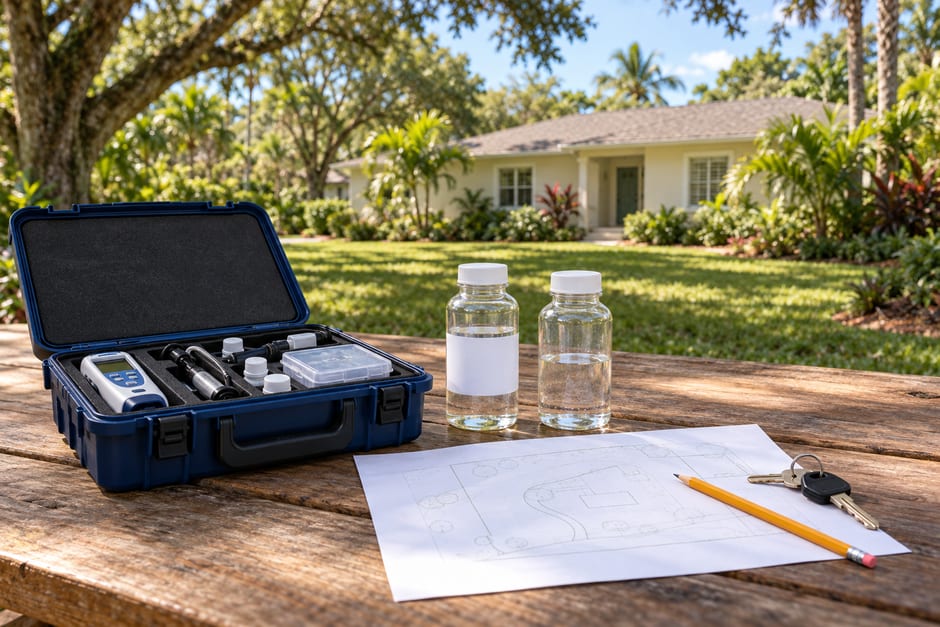 2 closed water sample bottles beside an open navy inspection case, site-plan sheet, pencil, and 2 house keys on an outdoor wooden table, with a cream single-story home and yard softly blurred